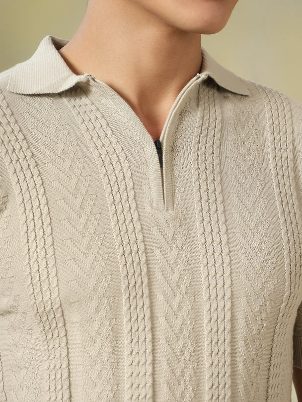 Beige Textured Knitted Polo.
