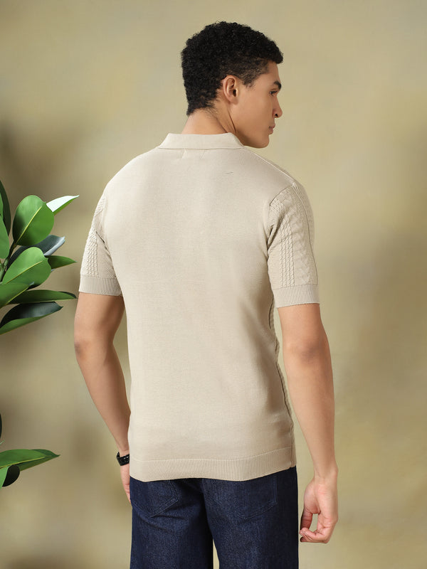 Beige Textured Knitted Polo.