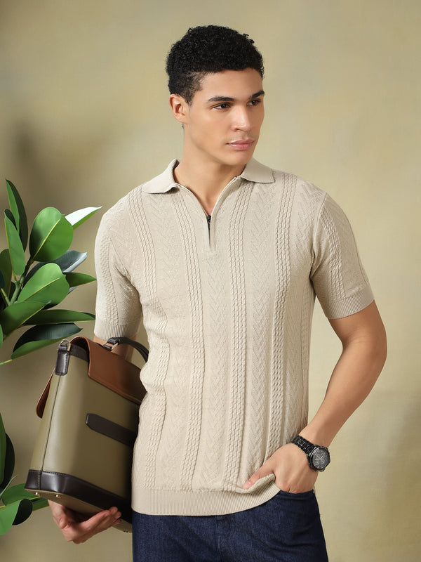 Beige Textured Knitted Polo.