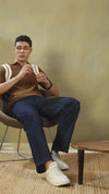 Brown Flat Knit Zip Polo T-Shirt.