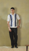 White-Blue Men's Vertical-Striped Knitted Zip Polo T-shirt