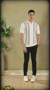 Men's Textured Vertical Striped Knit Polo T-shirt with a Zip Neck