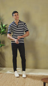 Navy and White Striped Quarter-Zip Knitted Polo Tshirt